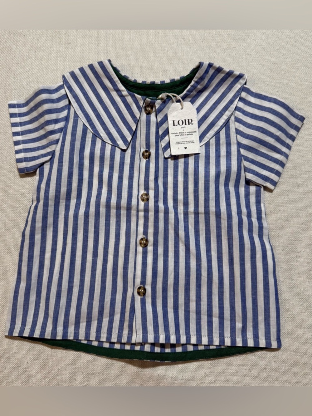 Loir Lorette Cotton Linen Blue & White Striped Button Down Top Baby 12 Months